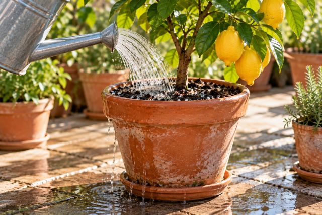 Watering a potted lemon tree with rainwater