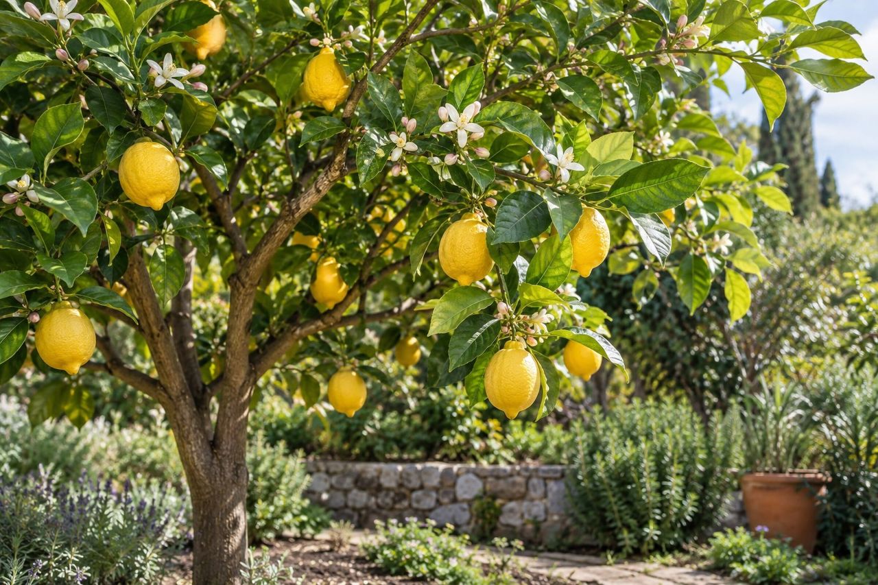 Lemon trees growing in a garden