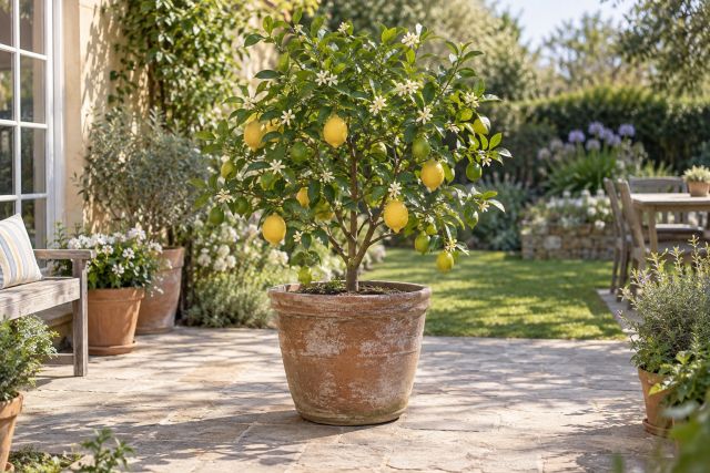 A potted lemon tree with ripe lemons on a sunny patio