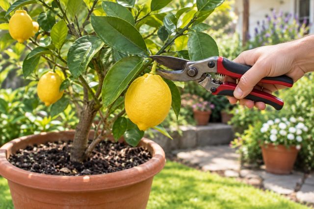 Secateurs cutting a ripe lemon from the tree