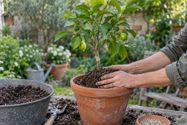 A young lemon tree being potted into citrus compost