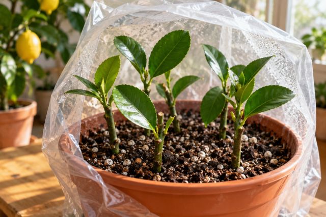 Lemon semi-ripe cuttings in a pot under a clear bag