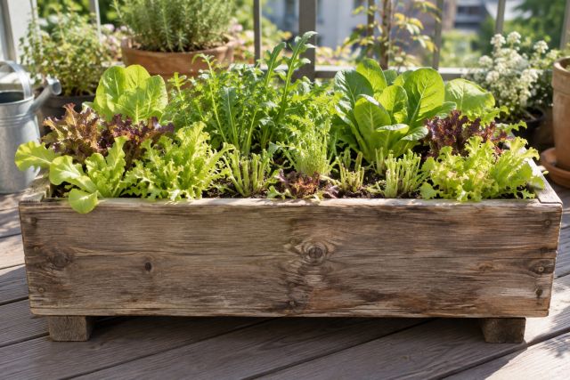 Cut-and-come-again salad leaves in a trough