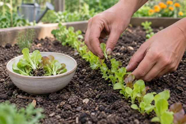 Lettuce seedlings being thinned in a row