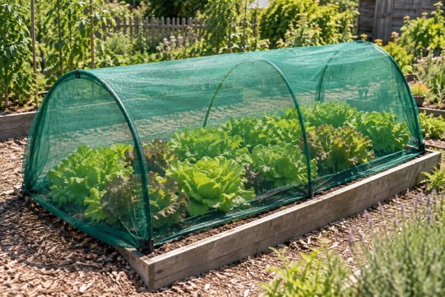 Shade cloth over lettuces in summer