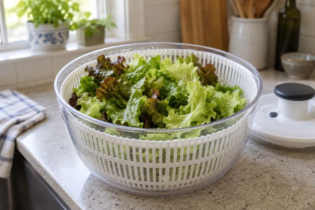 Washed lettuce leaves drying in a salad spinner