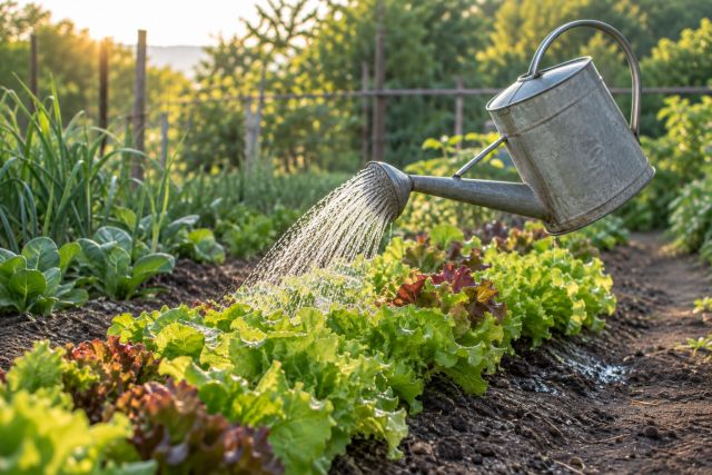 Watering lettuces in the morning