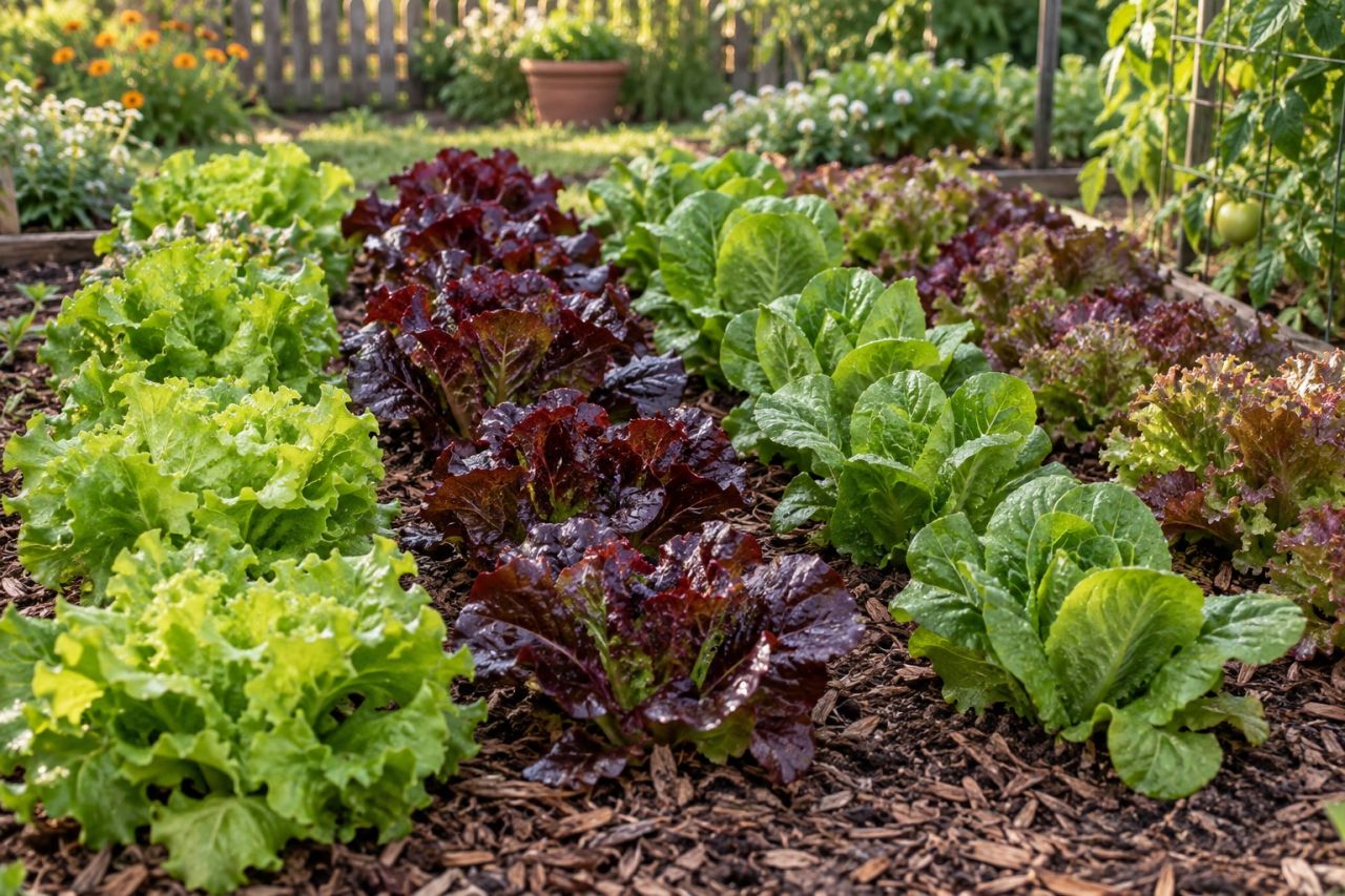 Rows of red and green lettuces in a vegetable bed
