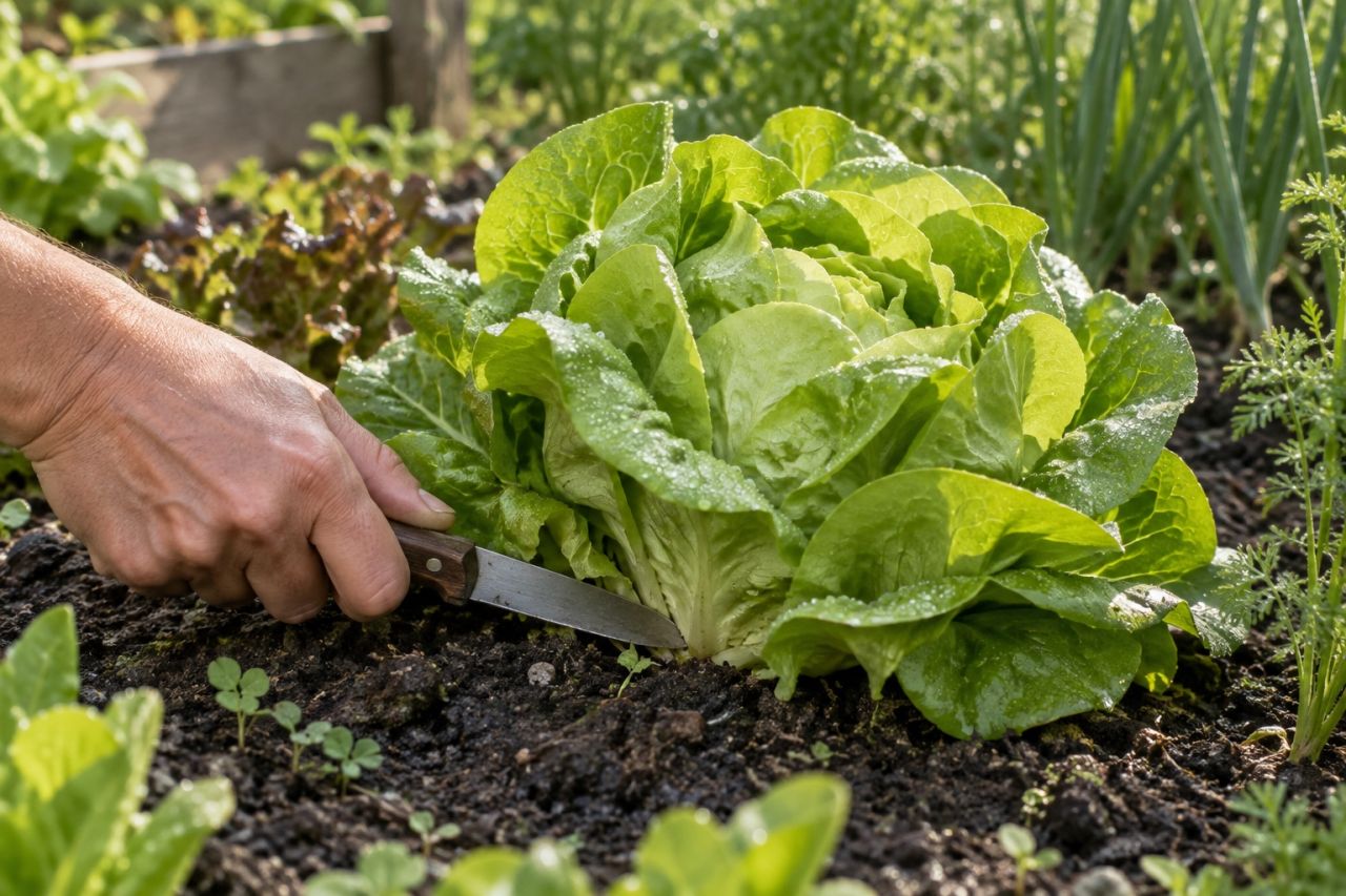 Cutting a lettuce head at soil level with a knife