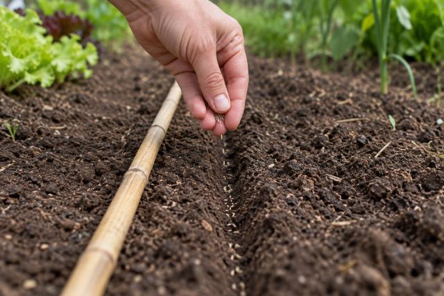 Sowing lettuce seed thinly along a shallow drill