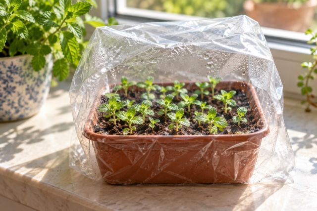 Tiny mint seedlings in a small pot
