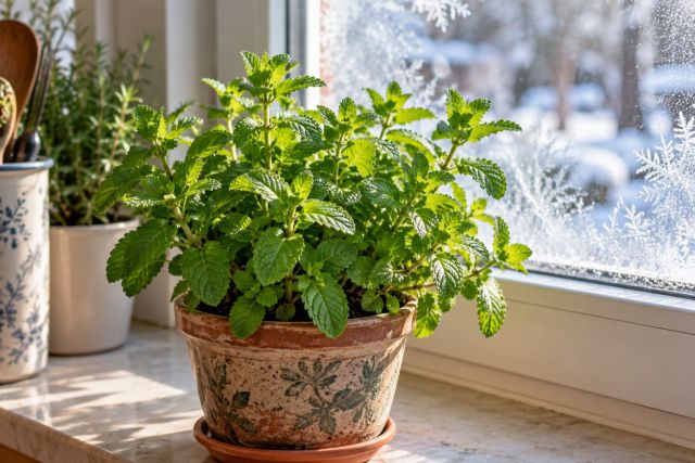 A pot of mint on a kitchen windowsill in winter