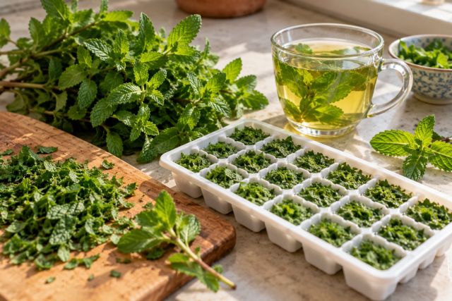 Chopped mint frozen in an ice-cube tray