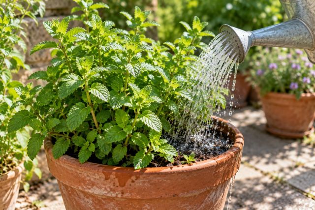 Watering a pot of mint in hot weather