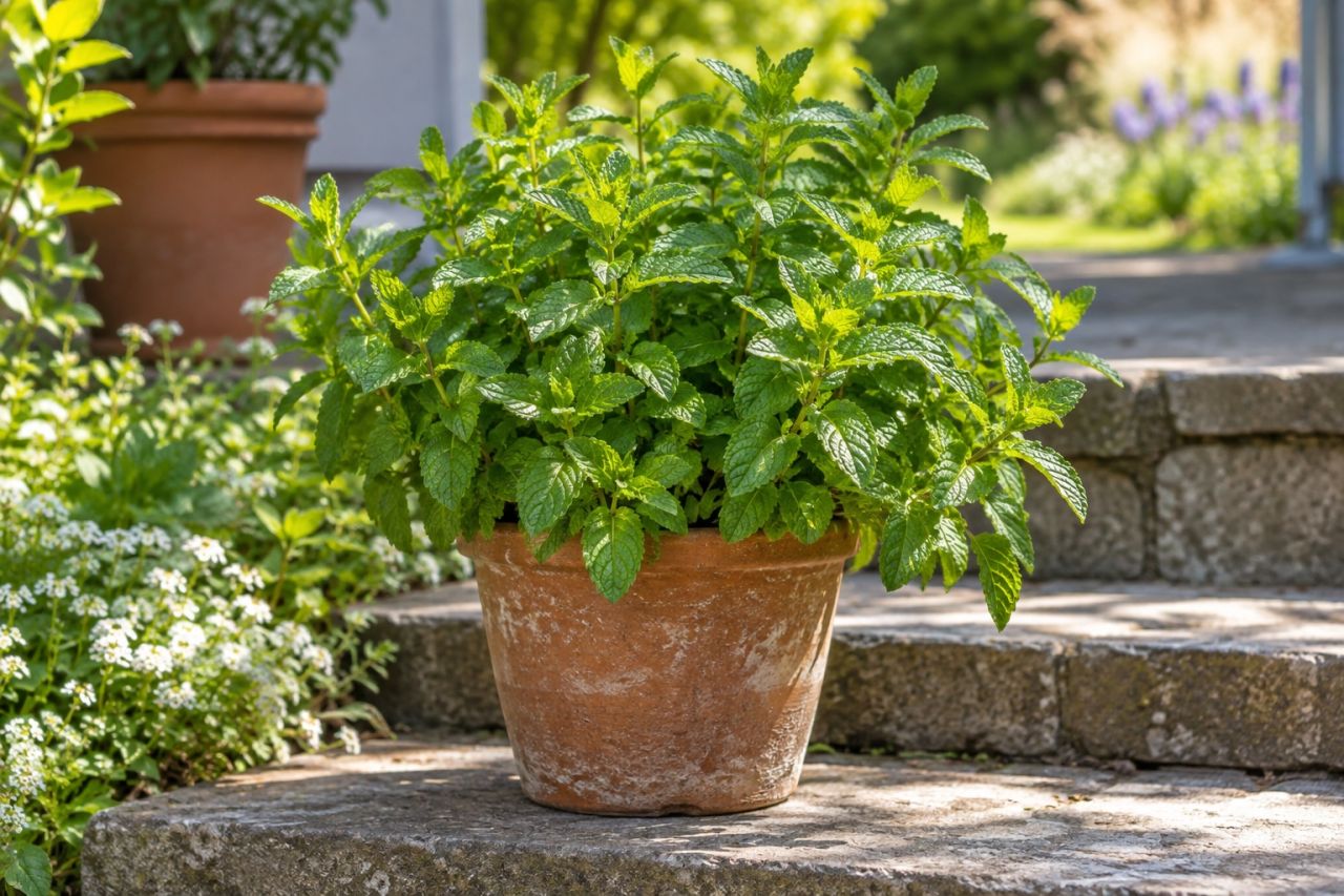 A lush pot of spearmint on a sunny step