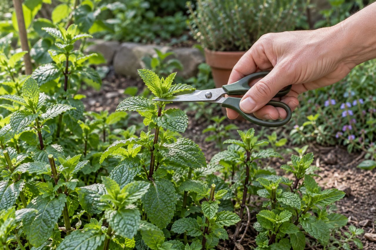 Snipping the soft tips of mint stems