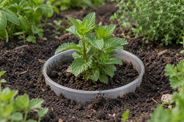 A bottomless container sunk into a bed with mint planted in it