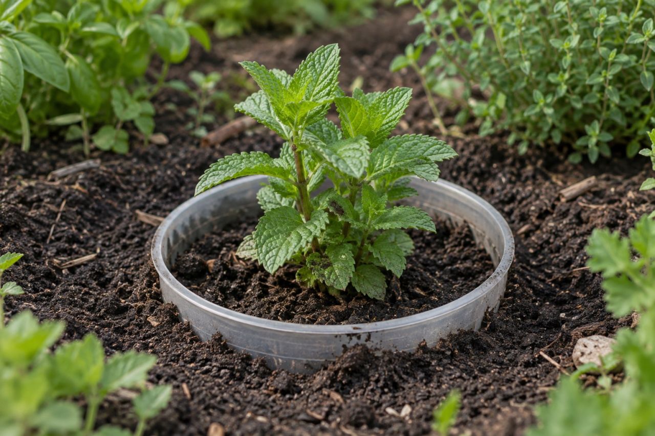 A bottomless container sunk into a bed with mint planted in it