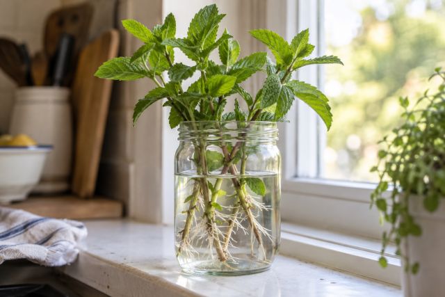 Mint stems rooting in a jar of water