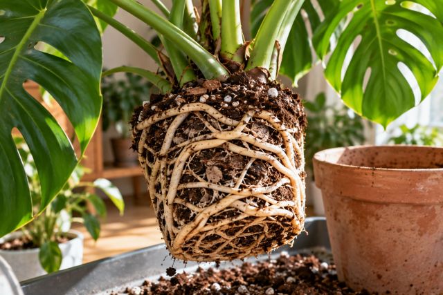 Healthy cream monstera roots on a rootball