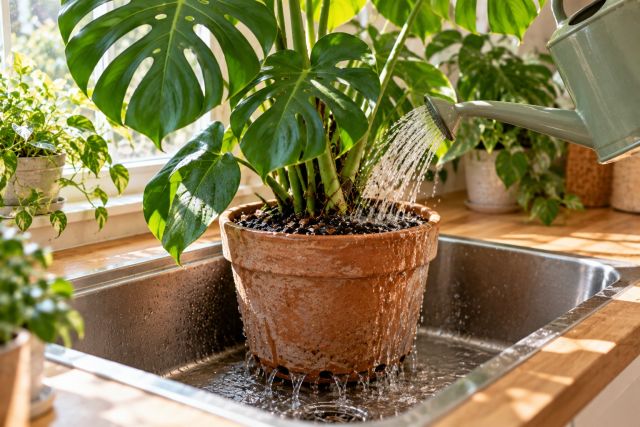 Watering a monstera until water runs from the pot
