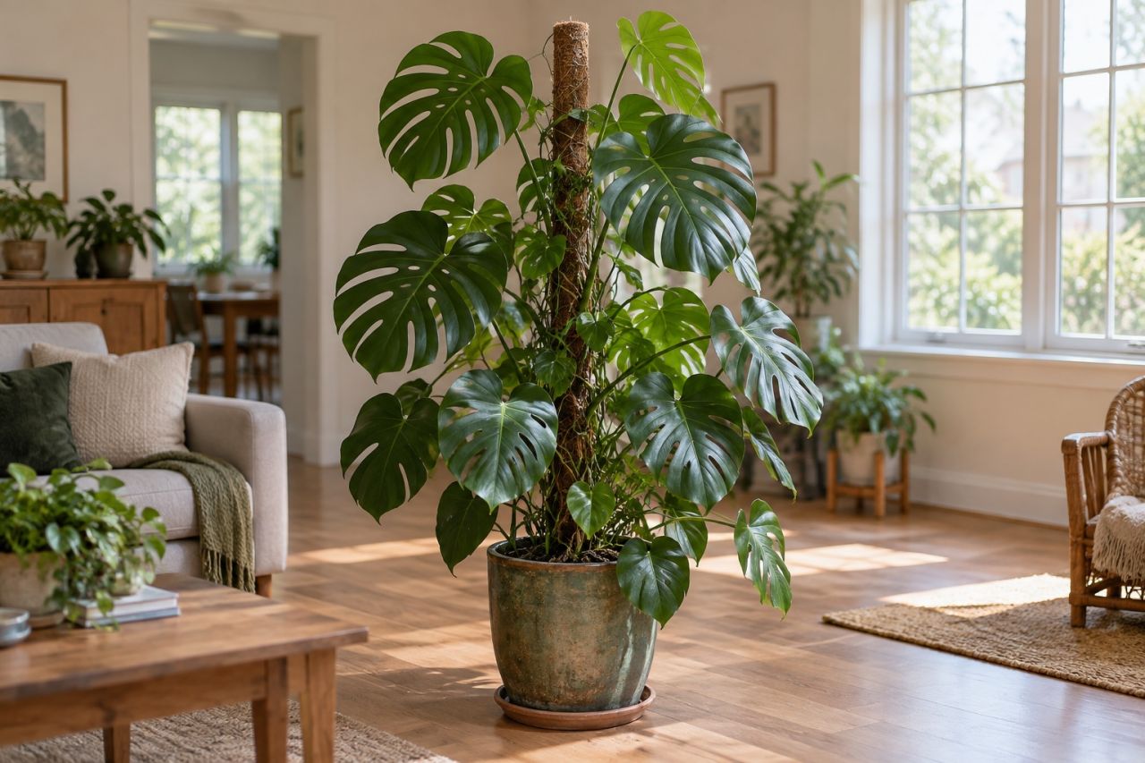 A large monstera climbing a moss pole in a bright living room