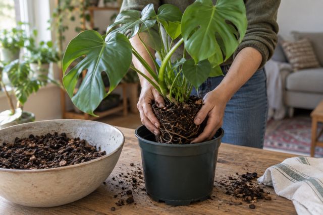 A monstera being repotted into a slightly larger pot