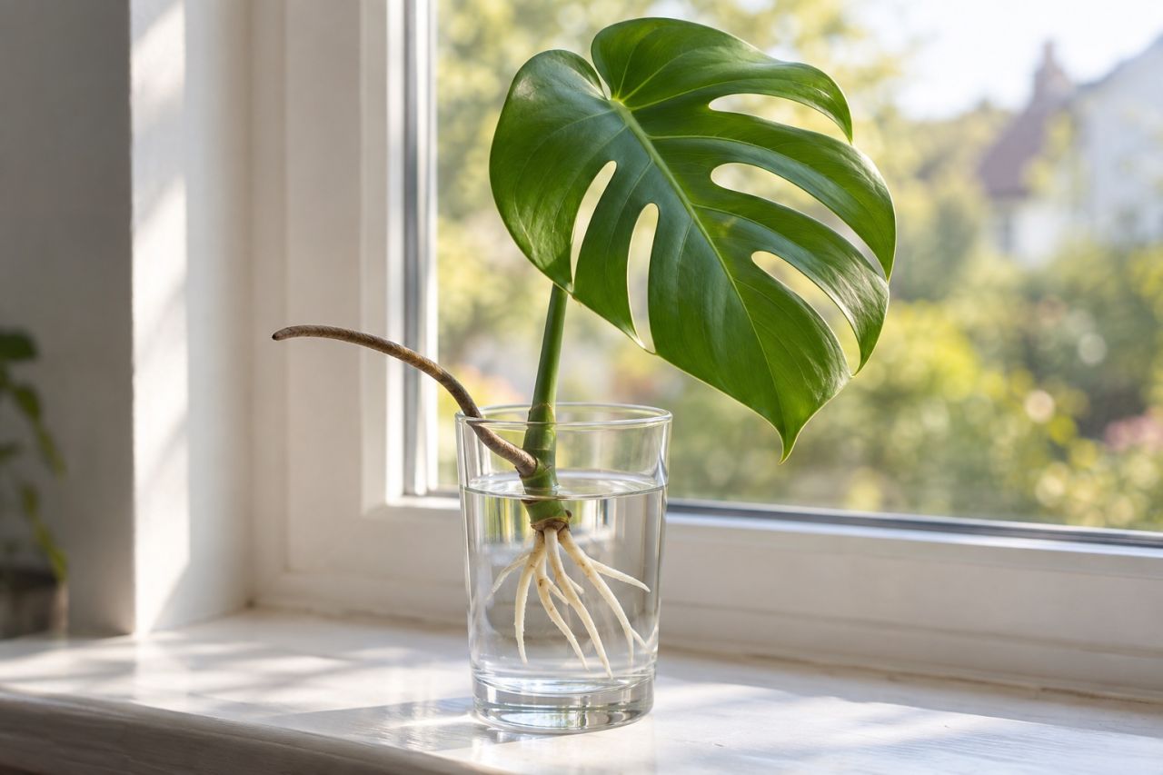 A monstera cutting rooting in a glass of water