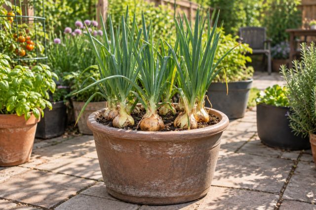 Onions growing in a large container