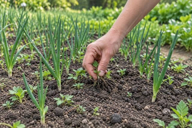 Hand-weeding between rows of young onions