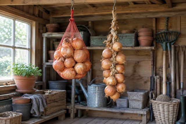 Cured onions strung in a net in a cool shed