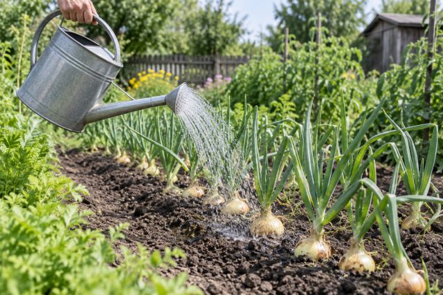 Watering onions as the bulbs swell