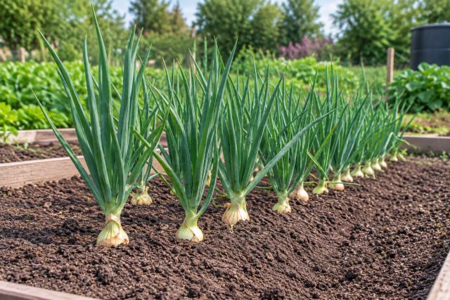 A bed of onions with upright green leaves