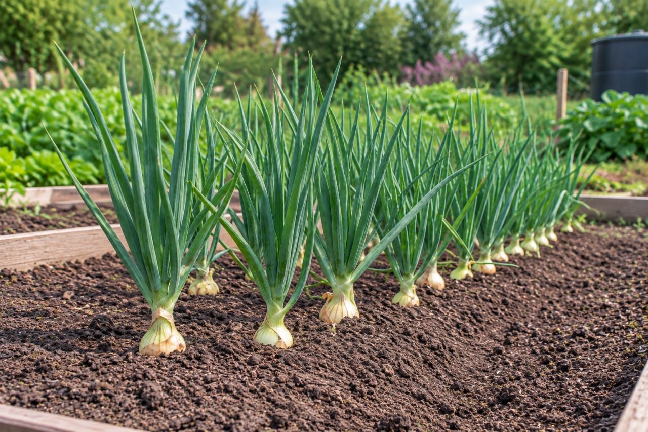 A bed of onions with upright green leaves