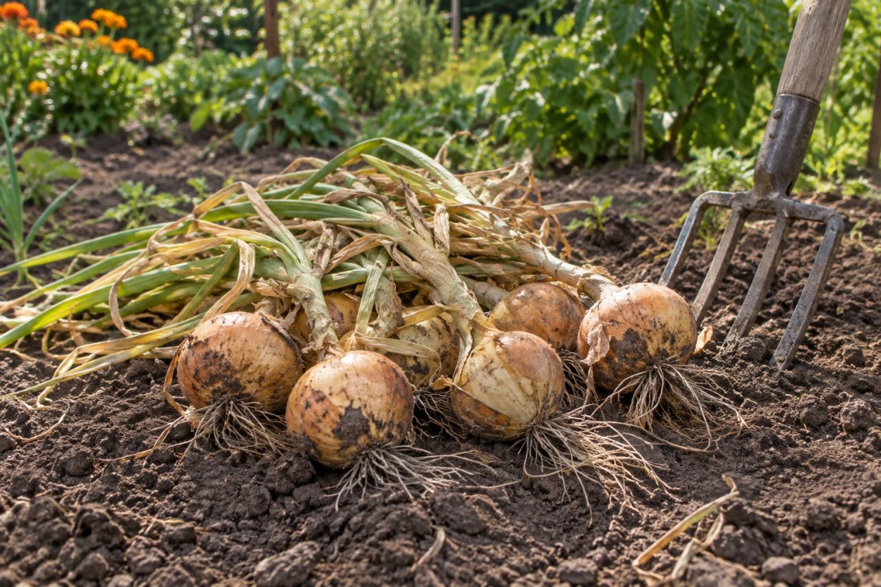 Lifted onions drying on the soil with fallen tops