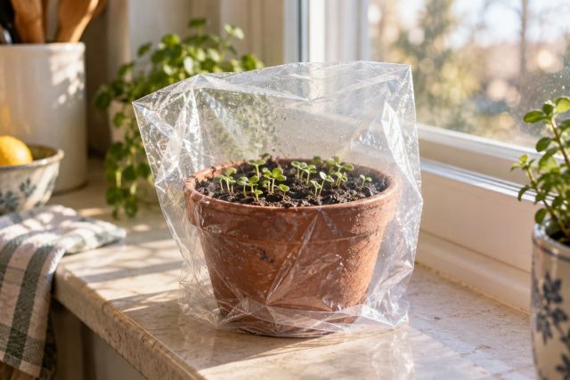 Tiny oregano seedlings in a small pot