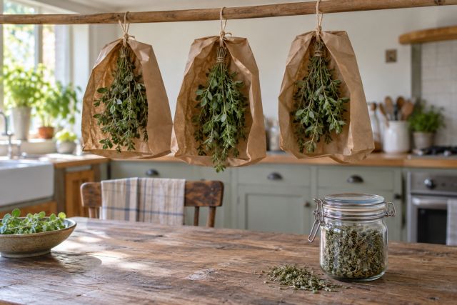 Bunches of oregano drying in paper bags