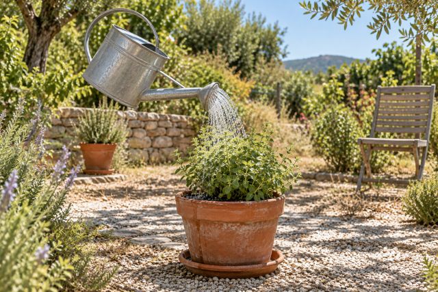Watering a pot of oregano in dry weather