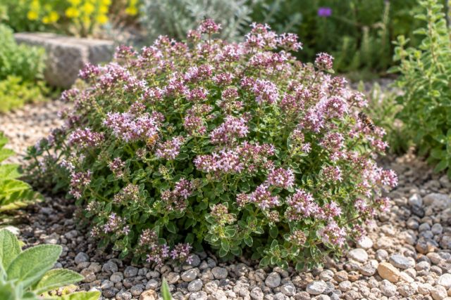 A mound of oregano in flower with bees