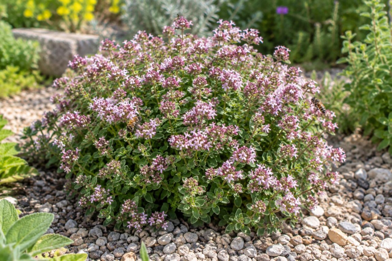 A mound of oregano in flower with bees