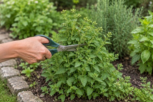 Cutting a bunch of oregano stems before flowering