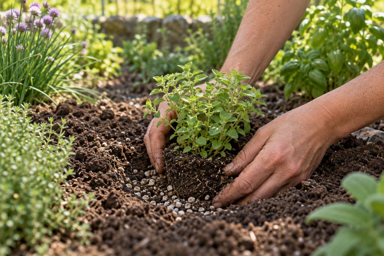 A young oregano plant being planted with grit