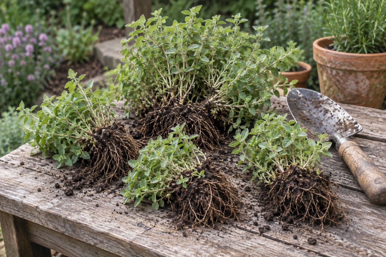 An oregano clump divided into pieces with a spade