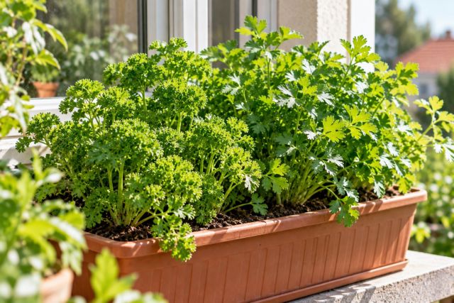 Parsley growing in a window box