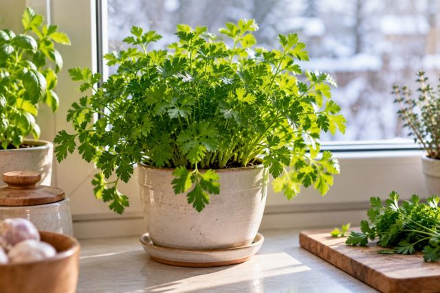 A pot of parsley on a cool, bright windowsill in winter
