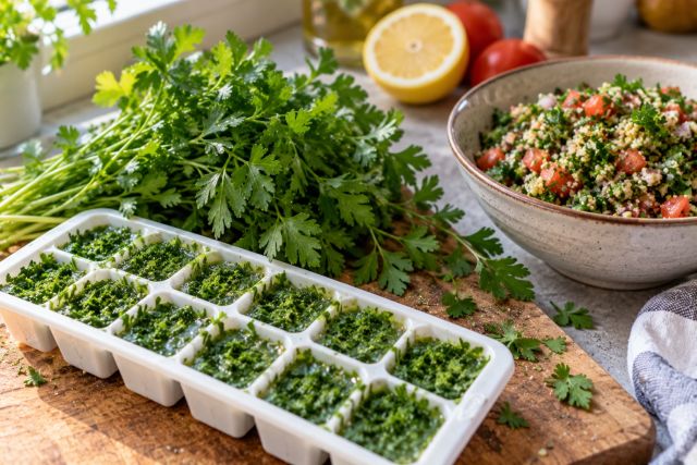 Chopped parsley frozen in an ice-cube tray