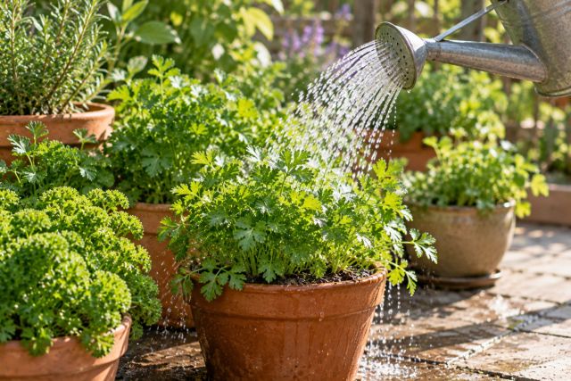 Watering pots of parsley in summer