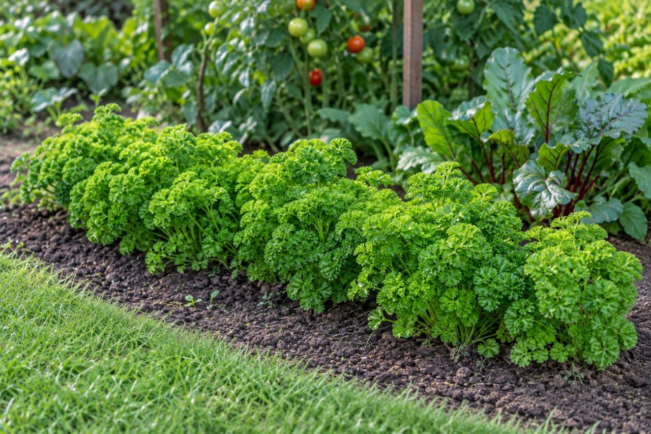 A row of bushy curly parsley edging a bed