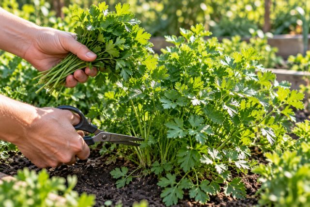 Snipping outer parsley stems near the base
