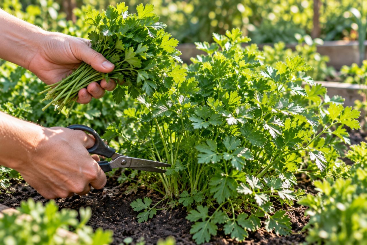 Snipping outer parsley stems near the base